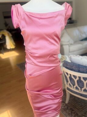 Off-Shoulder Pink Satin Midi Dress